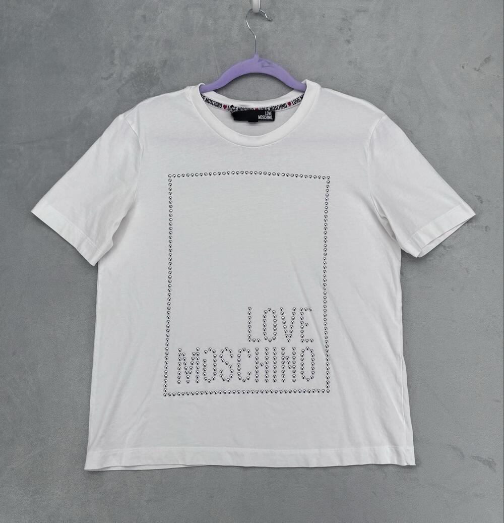 Love Moschino Shirt Womens 8 White Studded Crew Neck Cotton Jersey Basic